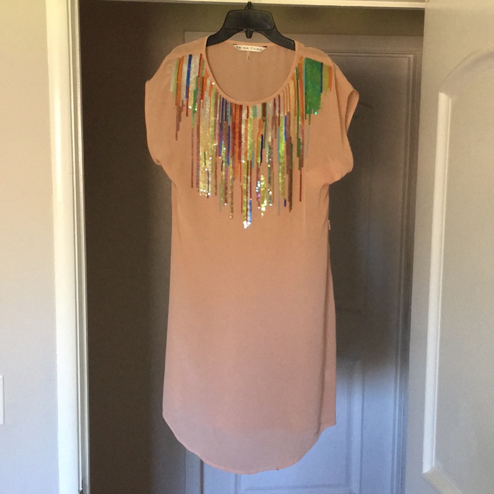 New TRINA TURK Silk Sequin & Beaded T Shirt Dress